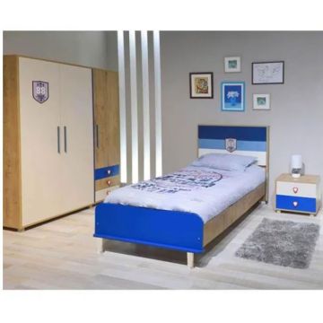 Chambre Enfant CAMPUS 190x90cm 3 Portes - Ostippo Chêne / Bleu