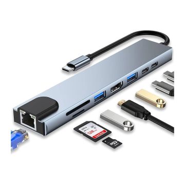 Adaptateur USB-C 8en1 Avec HDMI 4K Rj45, 2 * USB 3.0, DS/TF, USB-C et USB-C PD Pour MacBook Gris