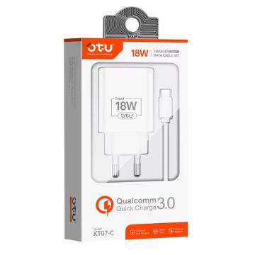 Chargeur Secteur Rapide OTU KT07-C Avec câble Type-C / USB / 18 W / QC 3.0 / Blanc