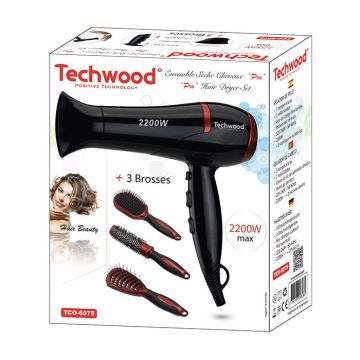 Sèche-Cheveux TCO-6075 2200W Noir TECHWOOD + 3 Brosses Gratuites 