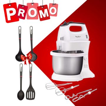 Batteur Avec Bol Quick Mix MOULINEX 200W  HM312 Blanc - Inox + Set de 4 Accessoires TEFAL Gratuit 