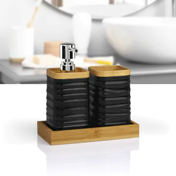 Set de 3 Accessoires de Salle de Bain avec Plateau en Bambou OKYANUS Noir