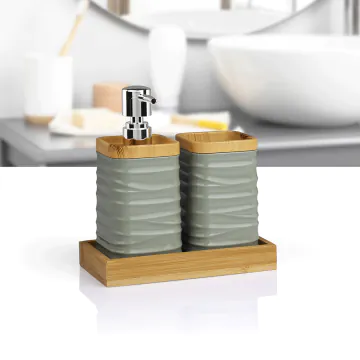 Set de 3 Accessoires de Salle de Bain avec Plateau en Bambou OKYANUS Vert