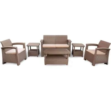 Salon de Jardin CARTHAGE 4 Places + 2 Tabourets Coffres Multiusage - Taupe