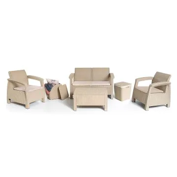 Salon de Jardin CARTHAGE 4 Places + 2 Tabourets Coffres Multiusage - Grège 