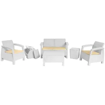 Salon de Jardin CARTHAGE 4 Places + 2 Tabourets Coffres Multiusage - Blanc