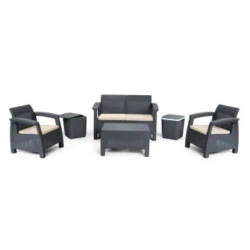 Salon de Jardin CARTHAGE 4 Places + 2 Tabourets Coffres Multiusage - Noir