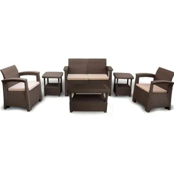 Salon de Jardin CARTHAGE 4 Places + 2 Tabourets Coffres Multiusage - Marron