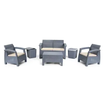 Salon de Jardin CARTHAGE 4 Places + 2 Tabourets Coffres Multiusage - Gris