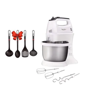 Batteur Avec Bol Quick Mix MOULINEX 200W  HM312 Blanc - Inox + Set de 4 Accessoires TEFAL Gratuit 