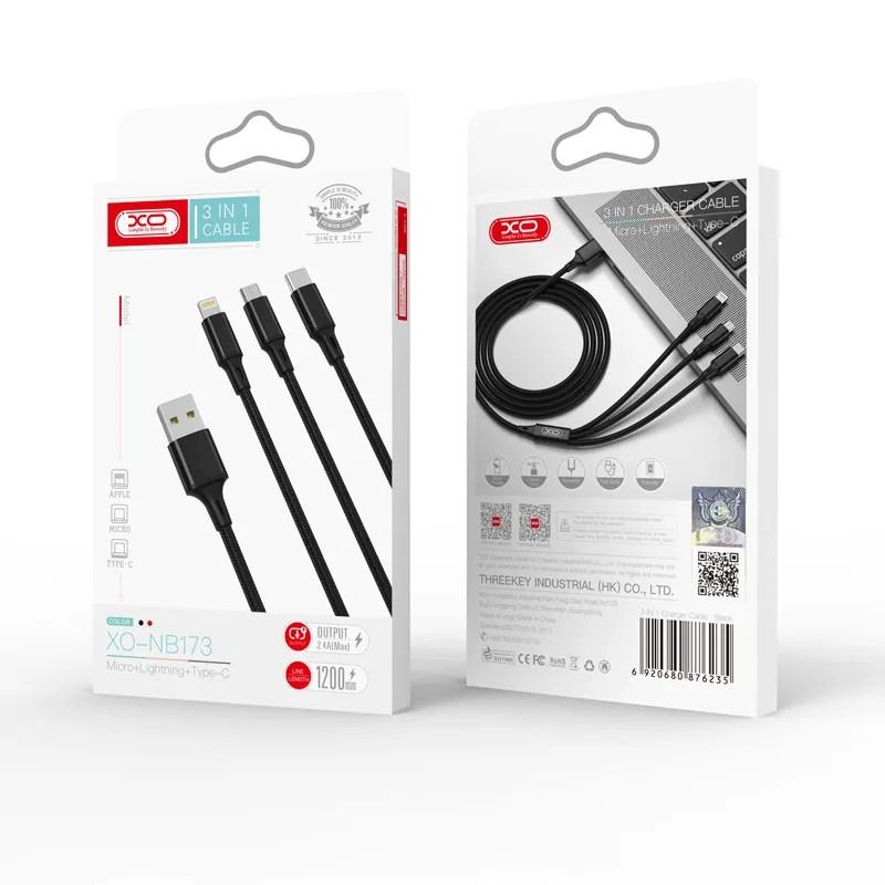 Câble Chargeur XO NB173 2.4A 3N1 USB 1.2M